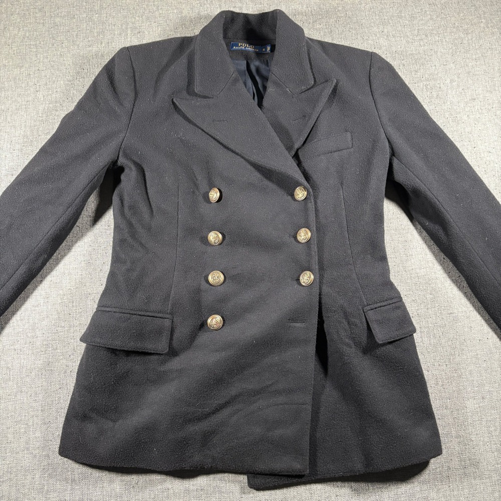 Polo Ralph Lauren Blazer Women Size 4 Black Wool Cashmere Double Breasted Anchor